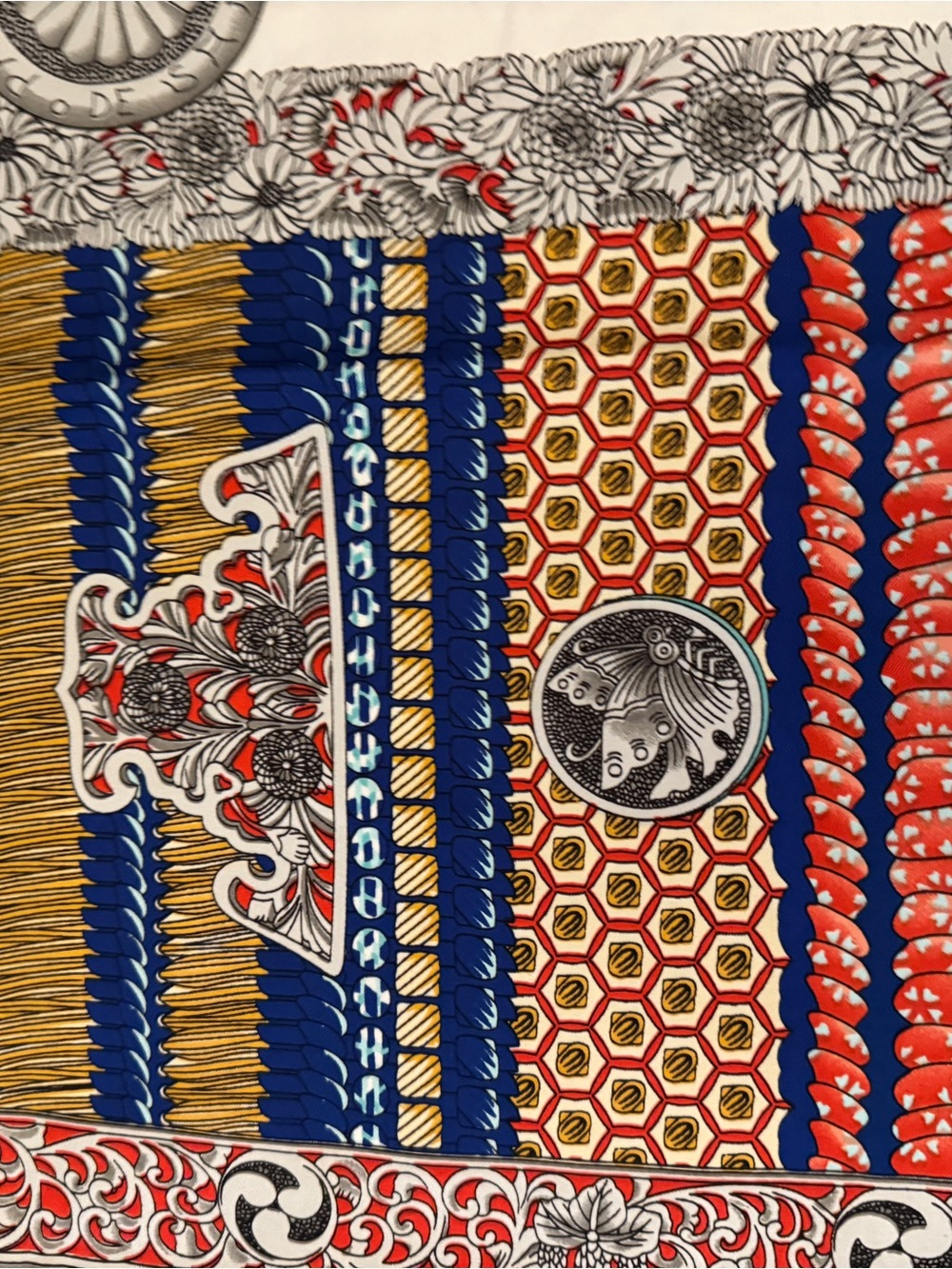 Designer-style 90cm Silk Scarf with Samurai Armor Motif in Navy & Cream New - Picture 4 of 6